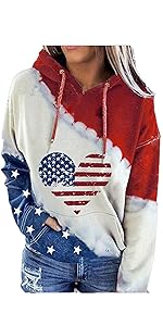 Womens American Flag Heart Print Hoodie Long Sleeve Pullover Top 4th of July Patriotic Sweatshirt