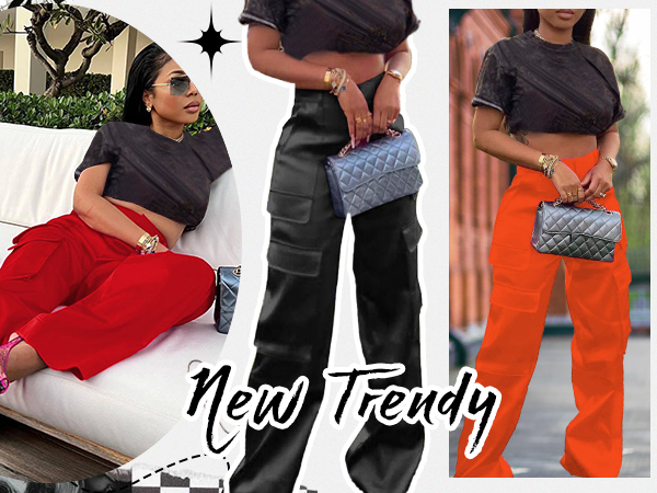 Womens Cargo Pants Casual High Wasited Wide Leg Parachute Pants Baggy Streetwear