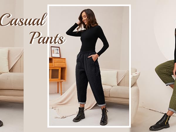 Women Padded Quilted Pants Winter Warm Down Cotton Pants Elastic Waist Oversized Trousers