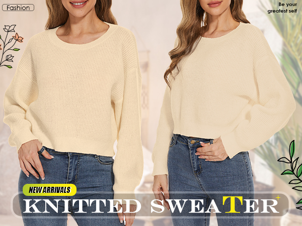 Women''s Cropped Sweater Knit Long Sleeve Crewneck Soft Pullover Sweater Top