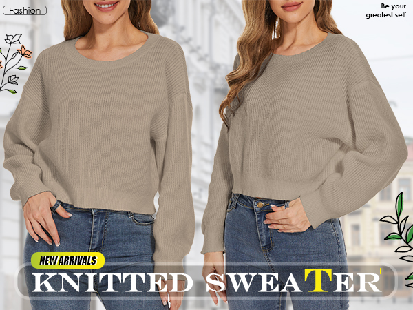 Women''s Cropped Sweater Knit Long Sleeve Crewneck Soft Pullover Sweater Top