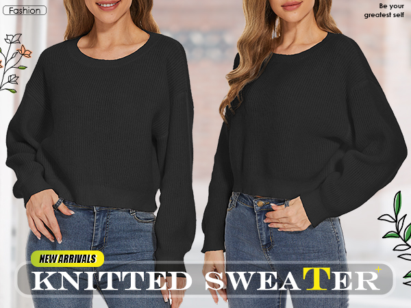 Women''s Cropped Sweater Knit Long Sleeve Crewneck Soft Pullover Sweater Top