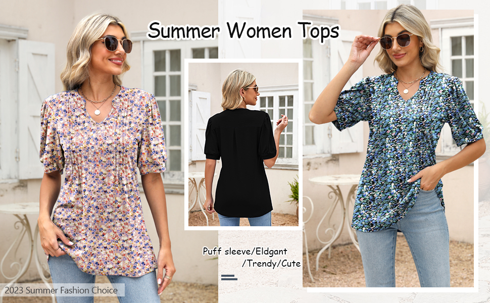 Womens V Neck Summer Puff Short Sleeve Blouse