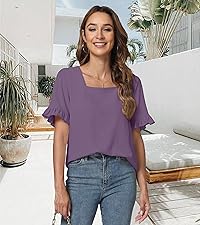 YSYOKOW Womens Summer Tops Casual V Neck T Shirts Ruffle Sleeve Blouses Loose Fit Tunic