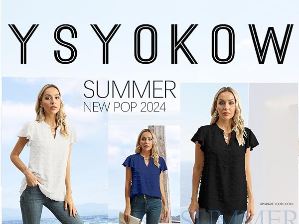  YSYOKOW Womens Summer Tops Casual V Neck T Shirts Ruffle Sleeve Blouses Loose Fit Tunic