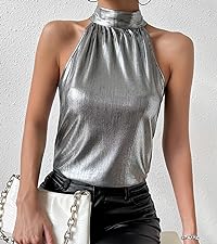 WDIRARA Women''s Metallic Halter Top Shirt Casual Sleeveless Blouse