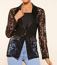  Women''s Floral Lace Mesh One Button Lapel Neck Long Sleeve Elegant Jacket Blazer