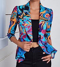 Women''s Printed Open Front 3/4 Sleeve Blazer Ruffle Jacket Outerwear