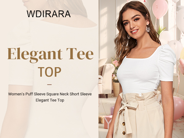 Women''s Puff Sleeve Square Neck Short Sleeve Elegant Tee Top