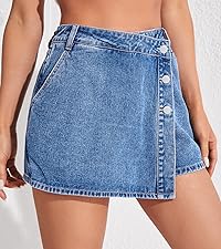 WDIRARA Women''s High Waisted Button Front Denim Skort Asymmetrical Hem Skirt Shorts