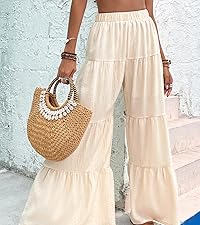 WDIRARA Women''s Flowy Boho Elastic High Waist Ruffle Hem Wide Leg Beach Loose Palazzo Pants