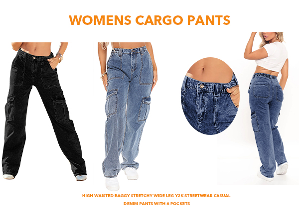 High Waisted Baggy Stretchy Wide Leg Y2K Streetwear Casual Denim Pants with 6 Pockets