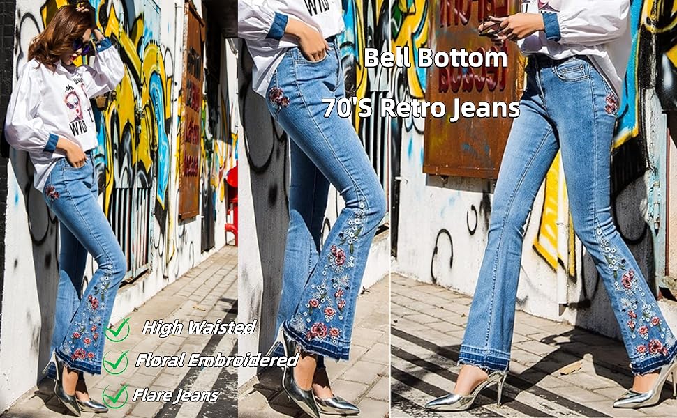 Womens Floral Embroidered High Waisted Flare Bell Bottom Jeans 70s Outfits Bootcut Jeans