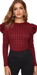 Floerns Women''s Puff Sleeve Gingham Blouse Top