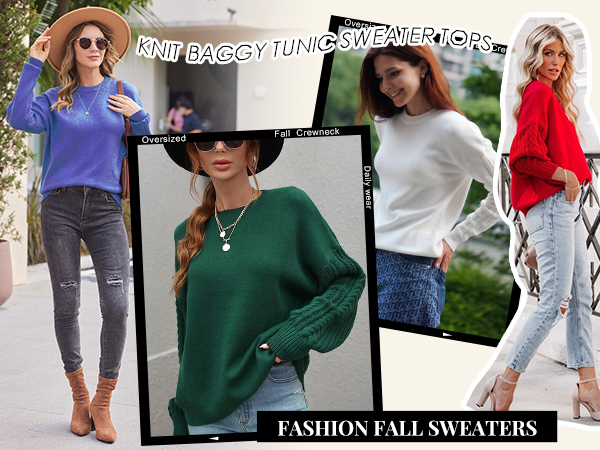  Sweaters for Women Long Sleeve Round Neck Pullover Loose Ribbed Knit Solid Sweater Tops