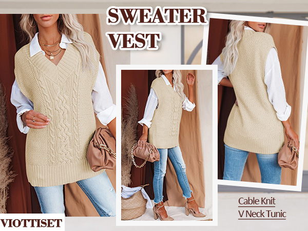 Cable Knit V Neck Tunic Sweater Vest Sleeveless Pullover Top