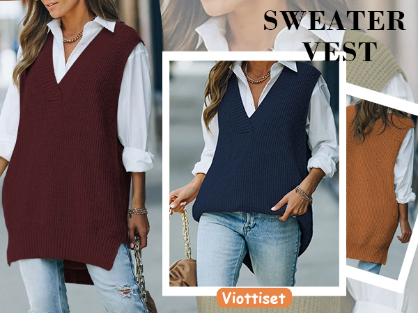 Oversized V Neck Knit Sweater Vest Tunic Sleeveless Pullover Top