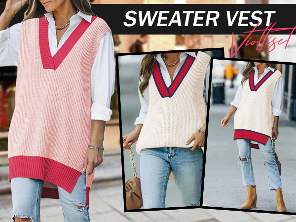 Oversized V Neck Knit Sweater Vest Tunic Sleeveless Pullover Top