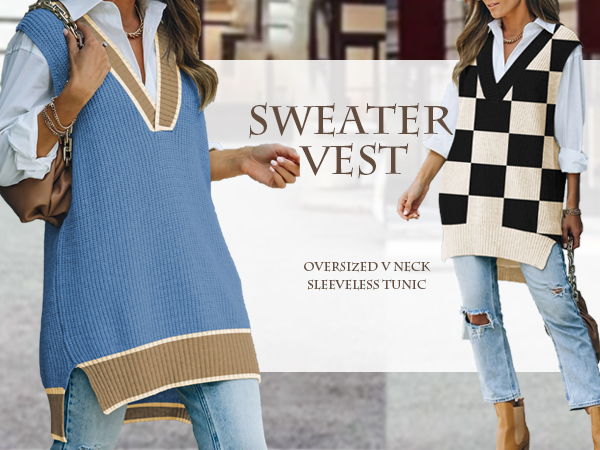 Oversized V Neck Knit Sweater Vest Tunic Sleeveless Pullover Top