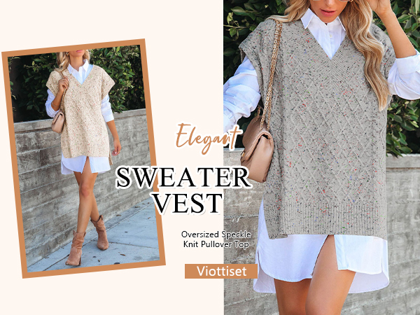 Oversized Cable Knit Sweater Vest V Neck Tunic Speckle Sleeveless Pullover Sweaters Top