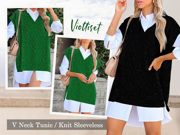 Oversized Cable Knit Sweater Vest V Neck Tunic Speckle Sleeveless Pullover Sweaters Top