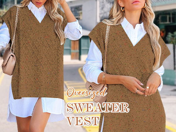 Oversized Cable Knit Sweater Vest V Neck Tunic Speckle Sleeveless Pullover Sweaters Top