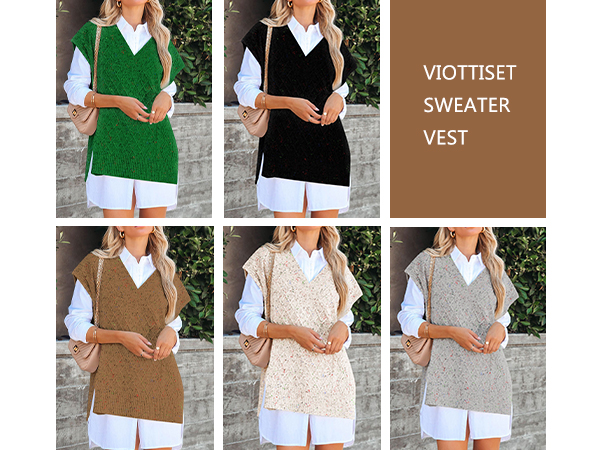 Oversized Cable Knit Sweater Vest V Neck Tunic Speckle Sleeveless Pullover Sweaters Top