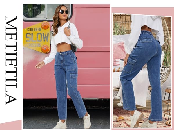 High Waisted Cargo Jeans Women/ Elastic Waist Jeans for Women