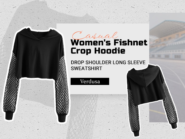 Verdusa Women''s Fishnet Crop Hoodie Drop Shoulder Long Sleeve Sweatshirt Pullover 1