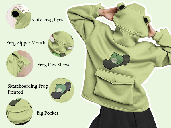 Cute Sweatshirts Skateboarding Frog Long Sleeve Hoodie