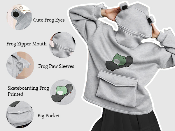 Cute Frog Hoodie Zipper Mouth Long Sleeve Pullover Tops