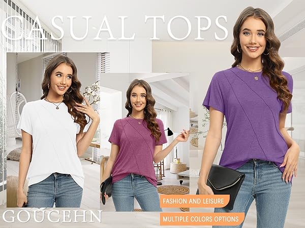 GOUCEHN Womens Summer Tops Dressy Casual Shirts Short Sleeve Crew Neck Blouse Trendy Pleated T-Shirt