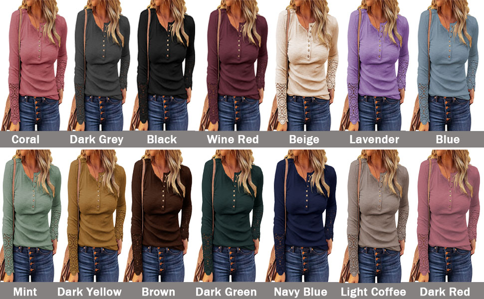 Button Down Henley Shirts Long Sleeve Tops Fall Clothes Lace Tunics