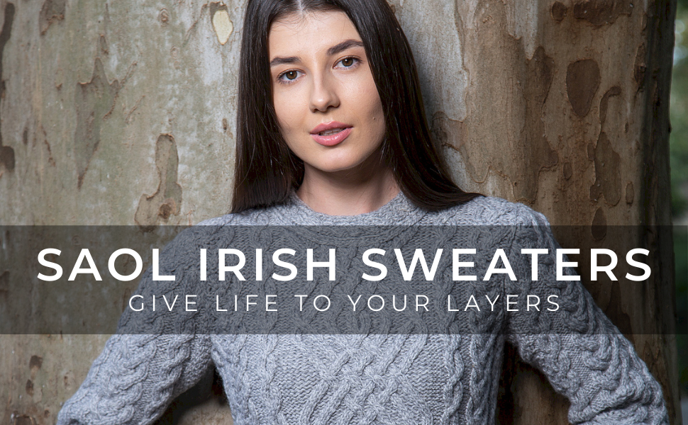 cable knit crew merino irish aran sweater ladies women pockets wool made in ireland