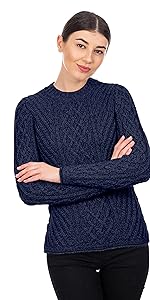 cable knit crew merino irish aran sweater ladies women pockets wool made in ireland