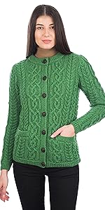 cable knit crew merino irish aran sweater ladies women pockets wool made in ireland