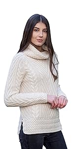 cable knit crew merino irish aran sweater ladies women pockets wool made in ireland