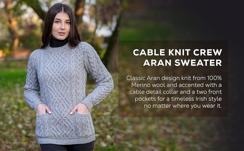 Knit from 100% Merino Wool and accented with a cable detail collar and a two front pockets