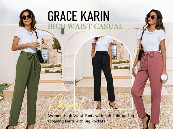 GRACE karin women tie front work pants with big pockets