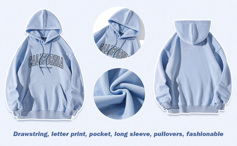 Feature: Drawstring, letter print, pocket, long sleeve, pullovers, fashionable