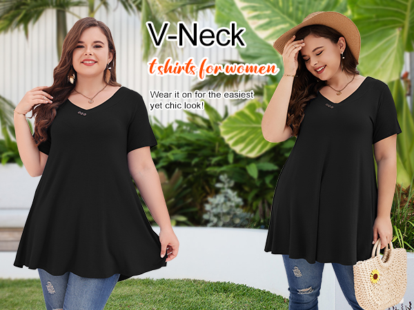 Plus Size Short Sleeve V Neck Button Basic Tunic Tops 