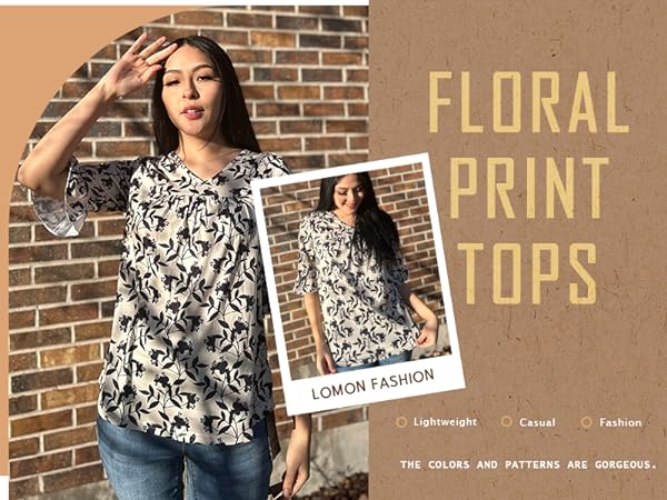 3/4 sleeve floral tops for women