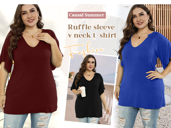 ruffle short sleeve tops for women plus size