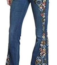 Women&#39;s Embroidered Bell Bottom Jeans Stretch Flared Fit Wide Leg Denim Pants