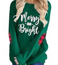 Merry Christmas Top Womens O-Neck Long Sleeve Plaid Elbow Patches Splicing Pullover