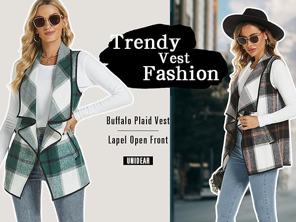 Women buffalo Plaid Vests Casual Lapel Open Front Sleeveless Cardigan Jacket Coat with Pockets