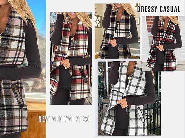  Womens buffalo Plaid Vest Casual Lapel Open Front Sleeveless Cardigan Jacket Coat with Pockets