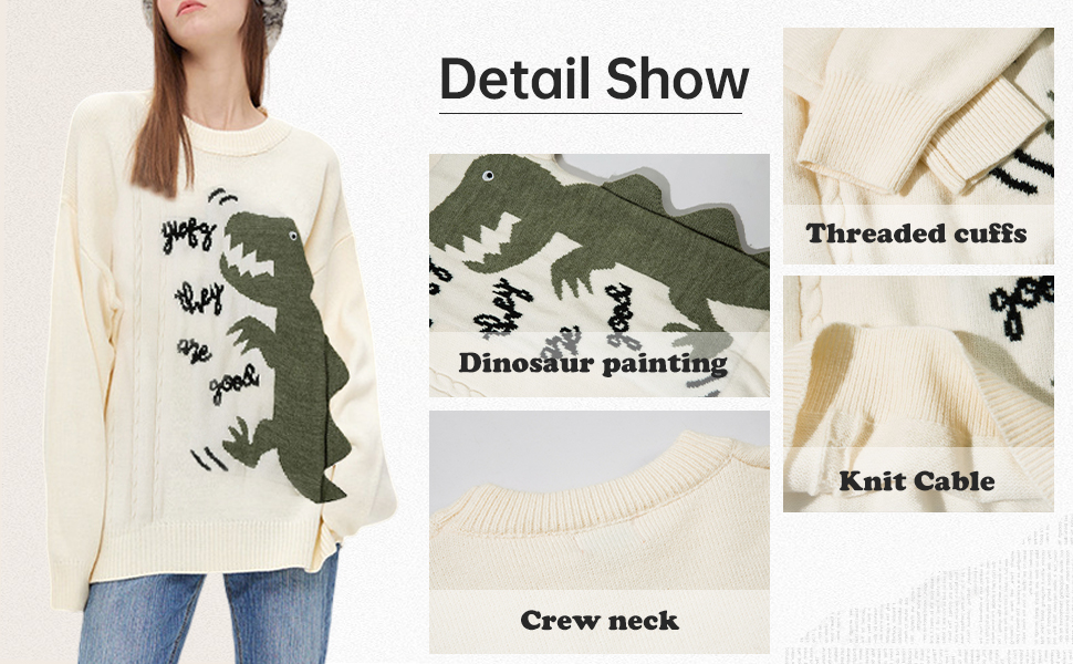 Rxozrxoz Mens Dinosaur Sweater Casual Cute Cable Knit Oversized Pullover Sweaters 