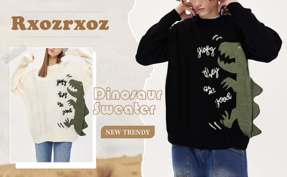 Rxozrxoz Mens Dinosaur Sweater Casual Cute Cable Knit Oversized Pullover Sweaters 