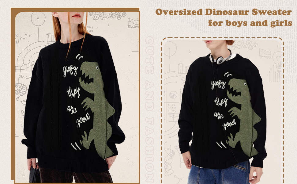 Rxozrxoz Mens Dinosaur Sweater Casual Cute Cable Knit Oversized Pullover Sweaters 